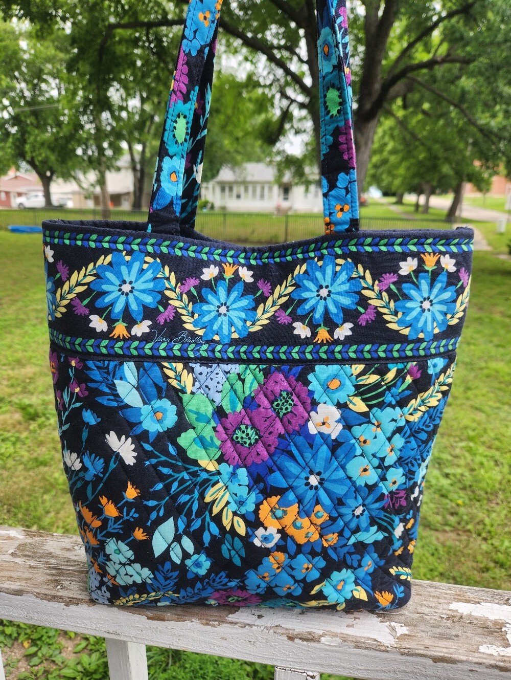 Vera Bradley quilted tote bag in the retired "Midnight Blues" floral pattern. - Picture 2 of 9